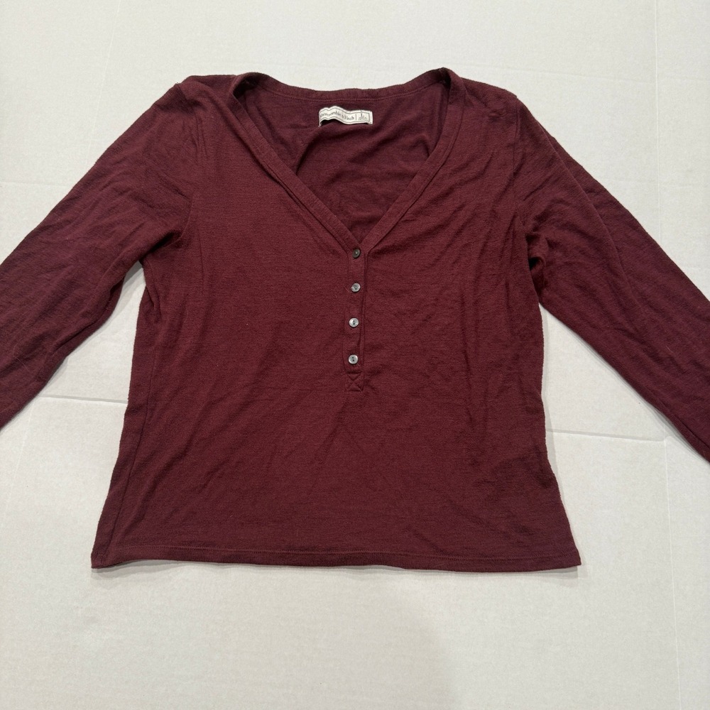 Abercrombie Maroon Burgundy Long Sleeve V Neck‎ Henley Shirt Women's Size L y2k